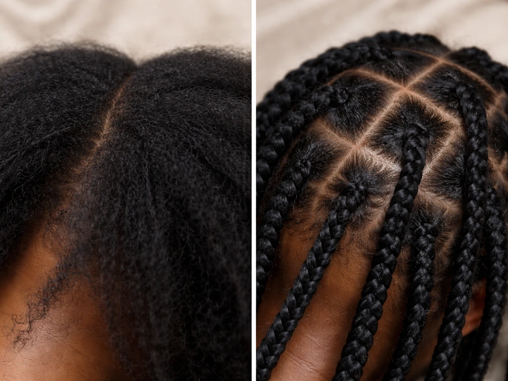 Close-up of neat braids and twists beside loose natural hair, showing clean parts and tension placement.