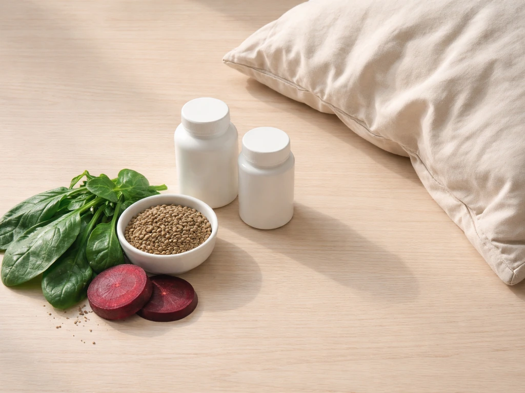 Flat-lay of iron-rich foods, supplement bottles, and a worn-out pillow representing nutrition, stress, hormones.
