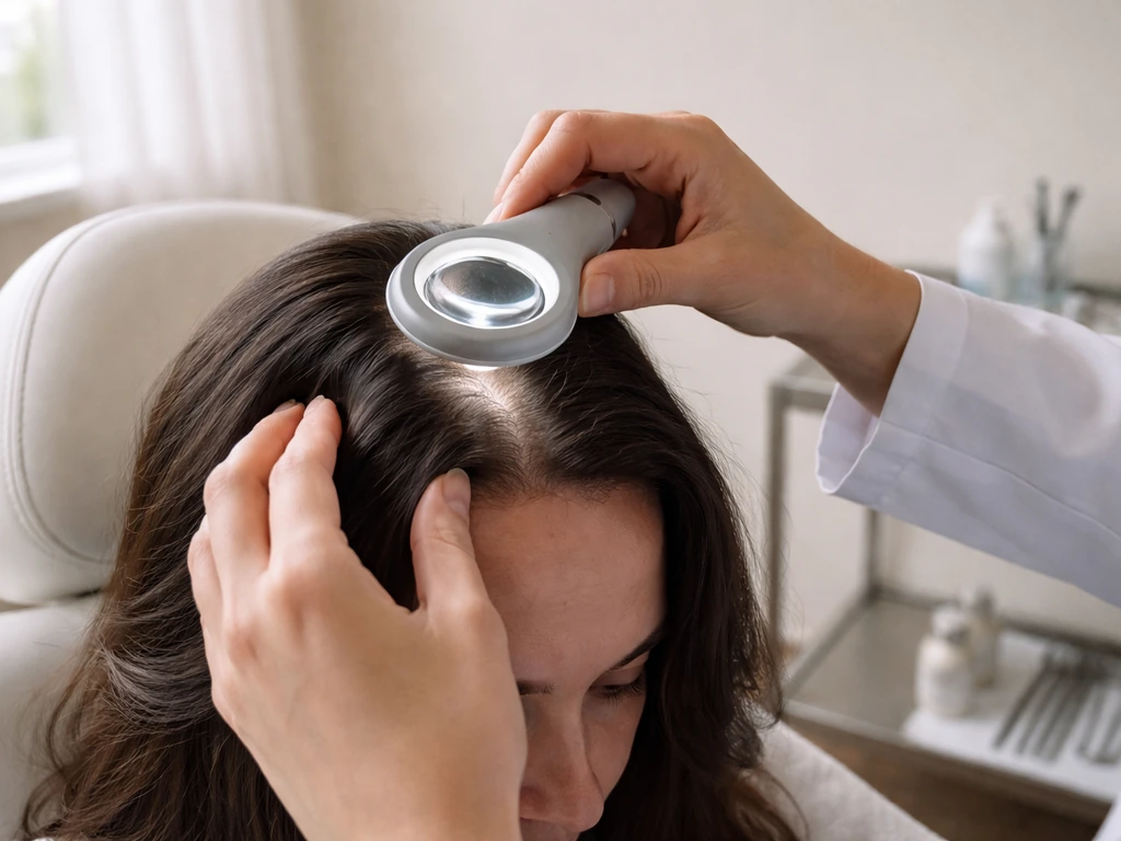 Dermatologist examining an anonymous patient’s scalp with a magnifier in a simple clinic room.