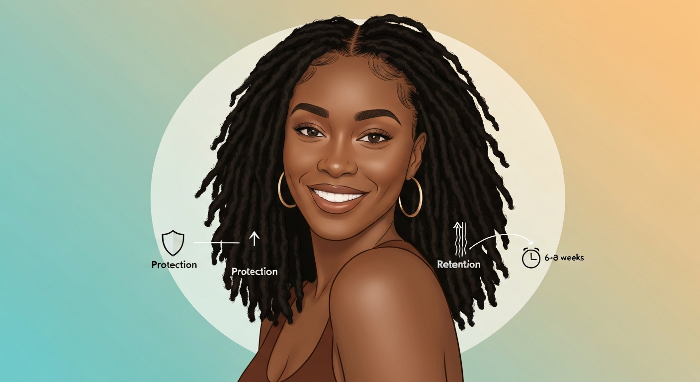 Portrait of a Black woman with shoulder-length soft locs with small infographic icons indicating protection and length retention.