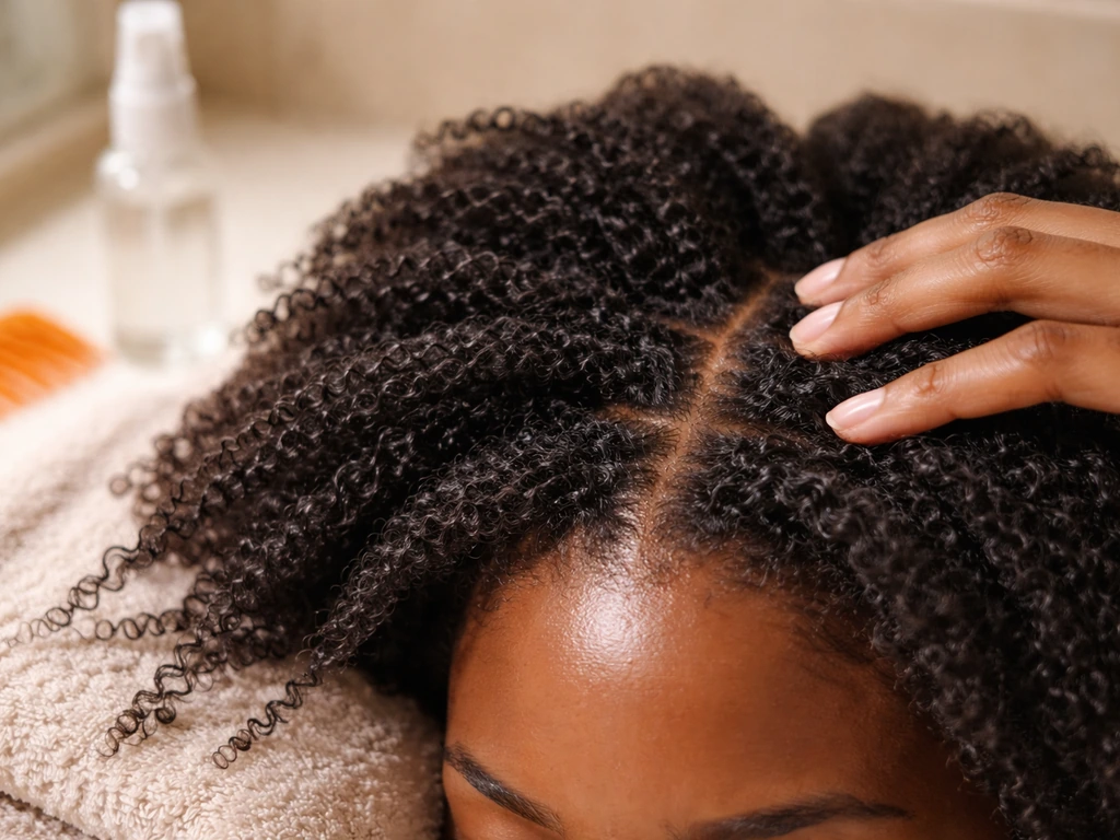 Close-up of Type 4 kinky-coily hair on a towel with fingers massaging scalp during a retention routine.