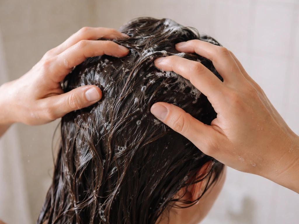 Hands gently massaging a scalp with fingertips during mild shampooing in a clean bathroom setting.