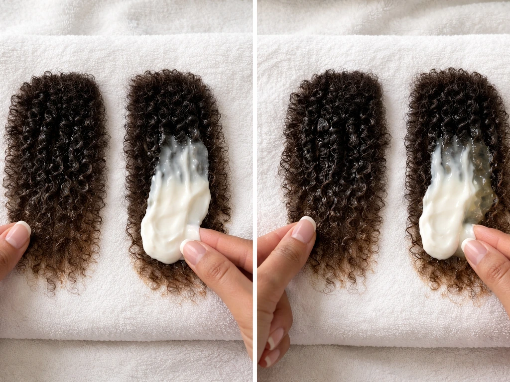 Two strands of textured coily hair being coated in liquid, then oil and cream in separate steps