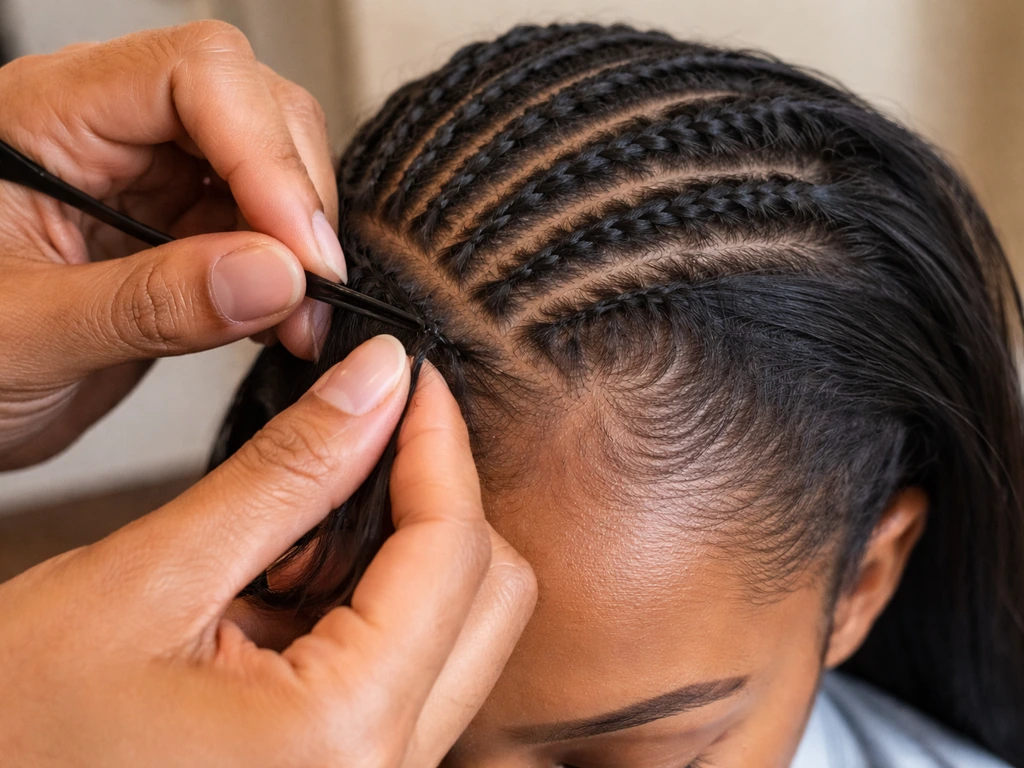 Close-up of neat cornrow braid bases being installed with gentle tension near the hairline.