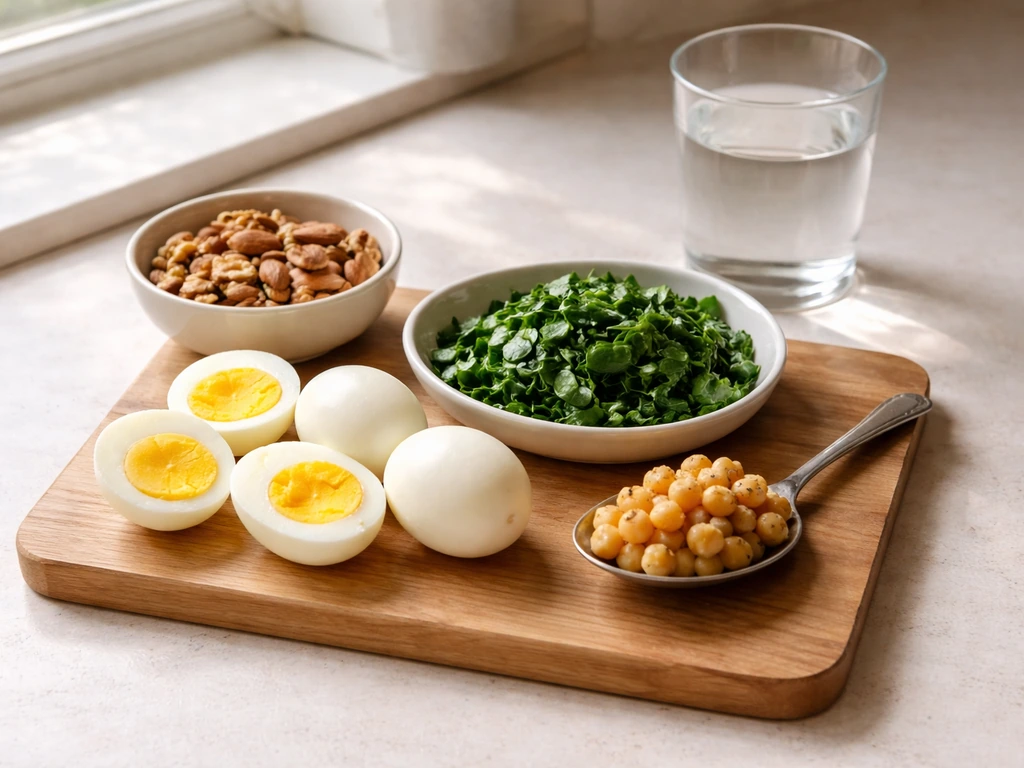 Hair-support snack prep: eggs, nuts, leafy greens, and legumes arranged on a wooden board with water.