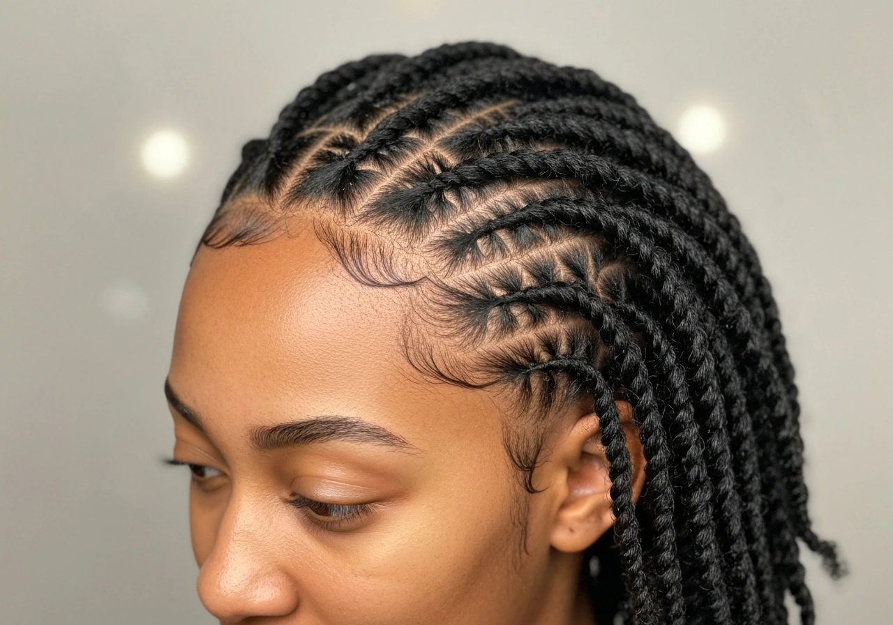 Close-up of neat mini twists with visible scalp parting and healthy edges, natural realistic length.
