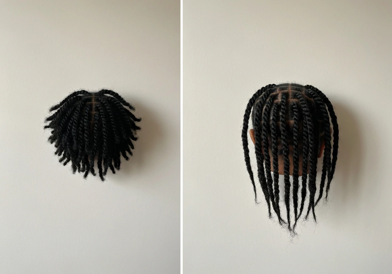 Two adjacent close-ups of styled hair showing new length growth and retained shape after mini-twists.