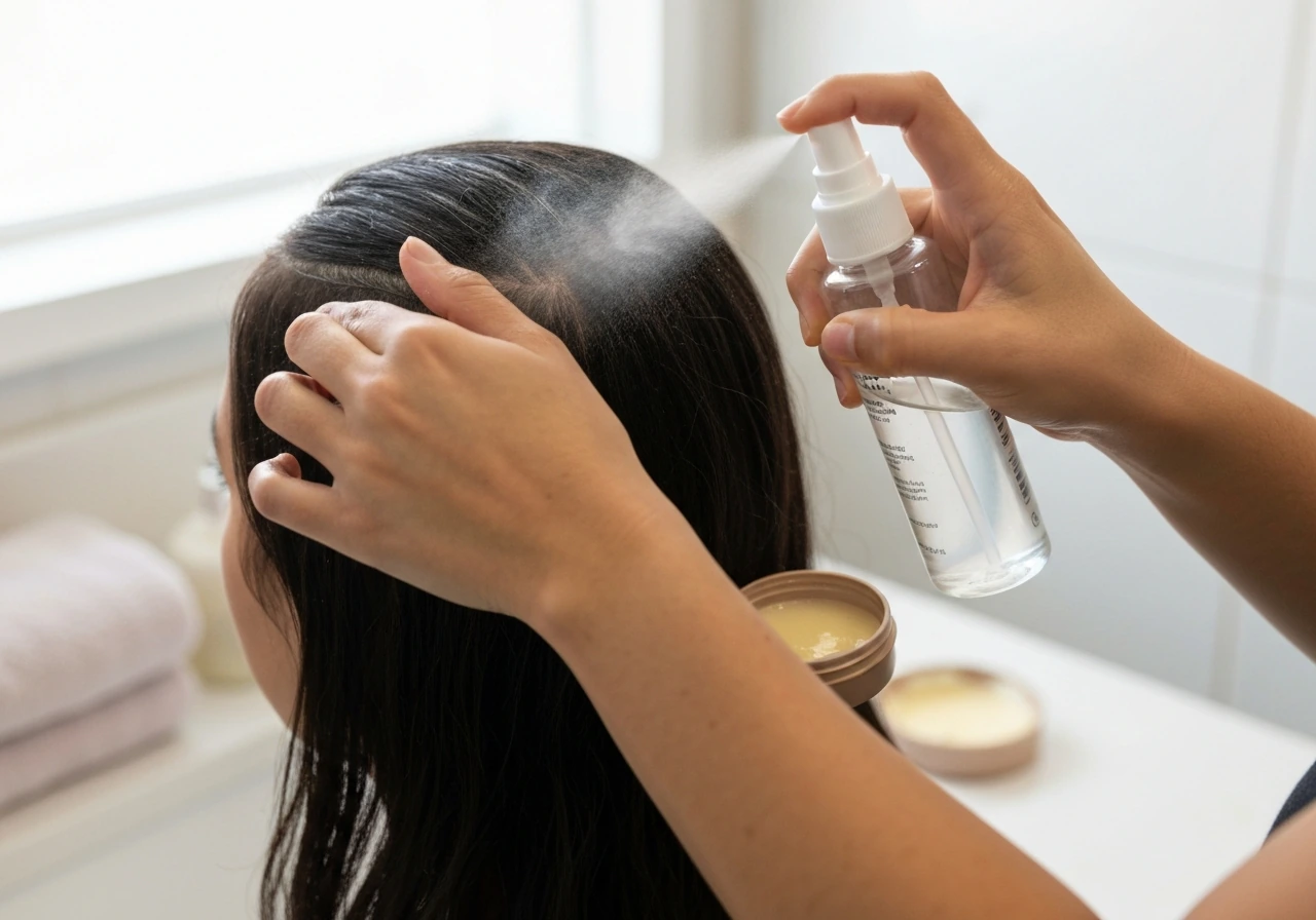 Person misting water-based leave-in on hairline with a small amount of oil in hand.