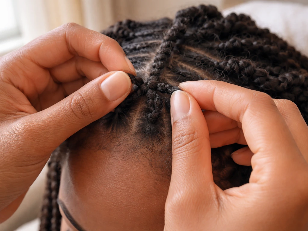 Close-up of hands gently un-twisting mini twists at the roots without pulling.