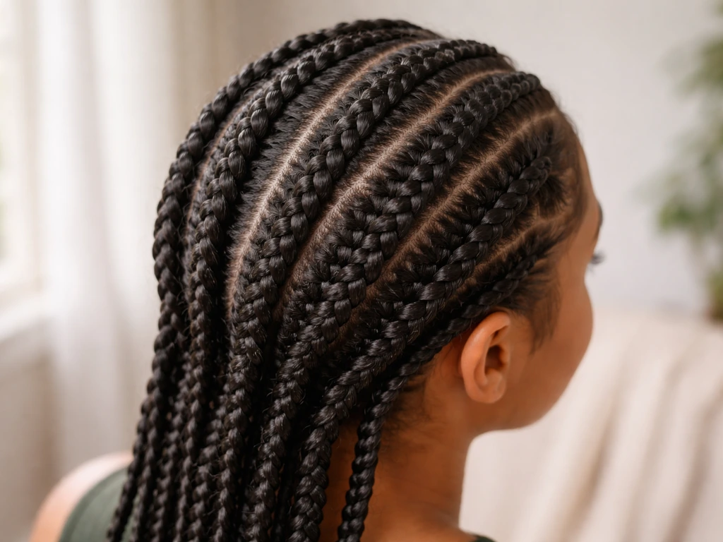 Neat protective twists/braids with visible scalp parts and healthy natural hair length retention.
