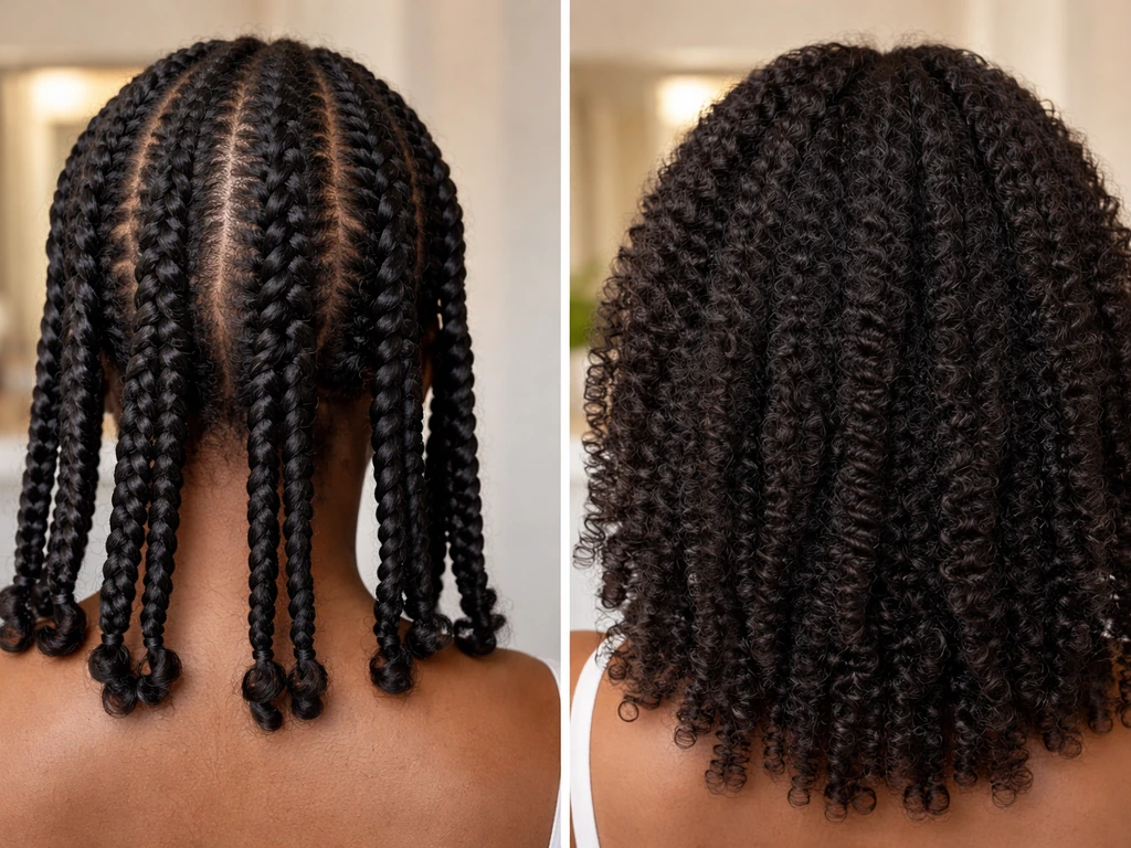Split-screen of protective styled vs loose natural hair, showing similar growth speed and different visibility/retention
