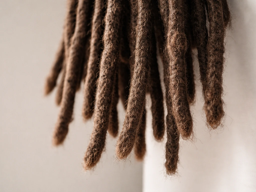 Close-up of mature locs with locked, textured ends against a simple neutral background