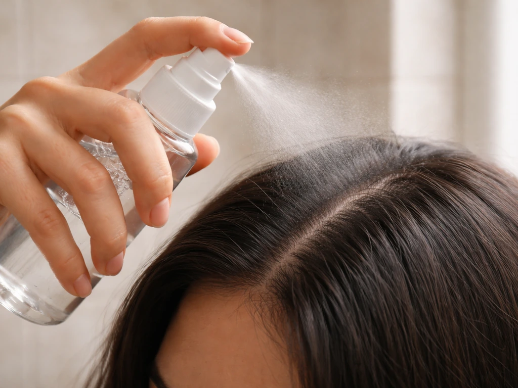 Close-up of hands applying a water-based leave-in spray to a scalp and hair lengths