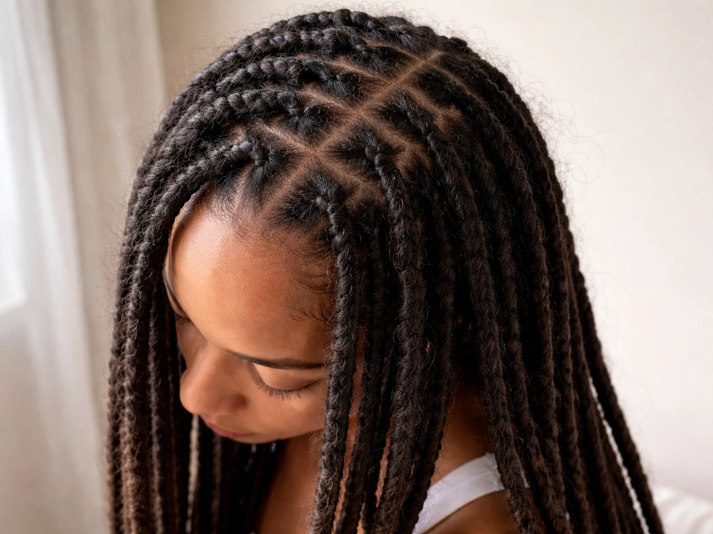 Close-up of a person’s scalp parting with dread extensions roots visible, showing edge-to-length hair detail.