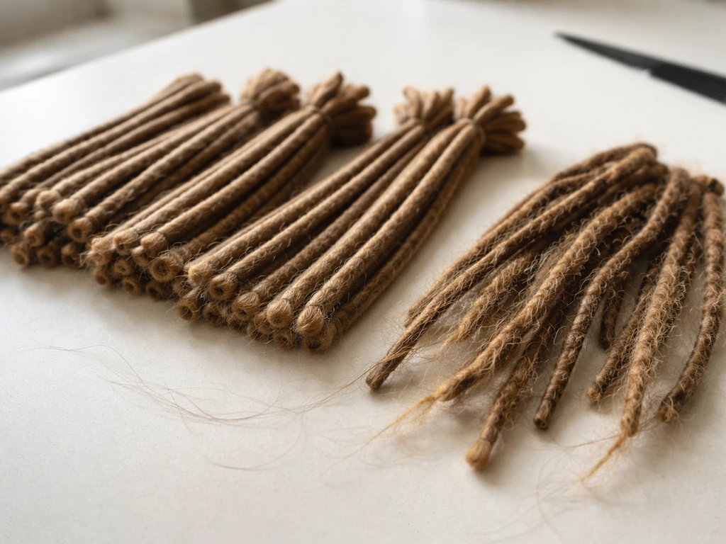 Pre-formed kanekalon dread extension coils beside loose natural locs and hair strands on a simple surface