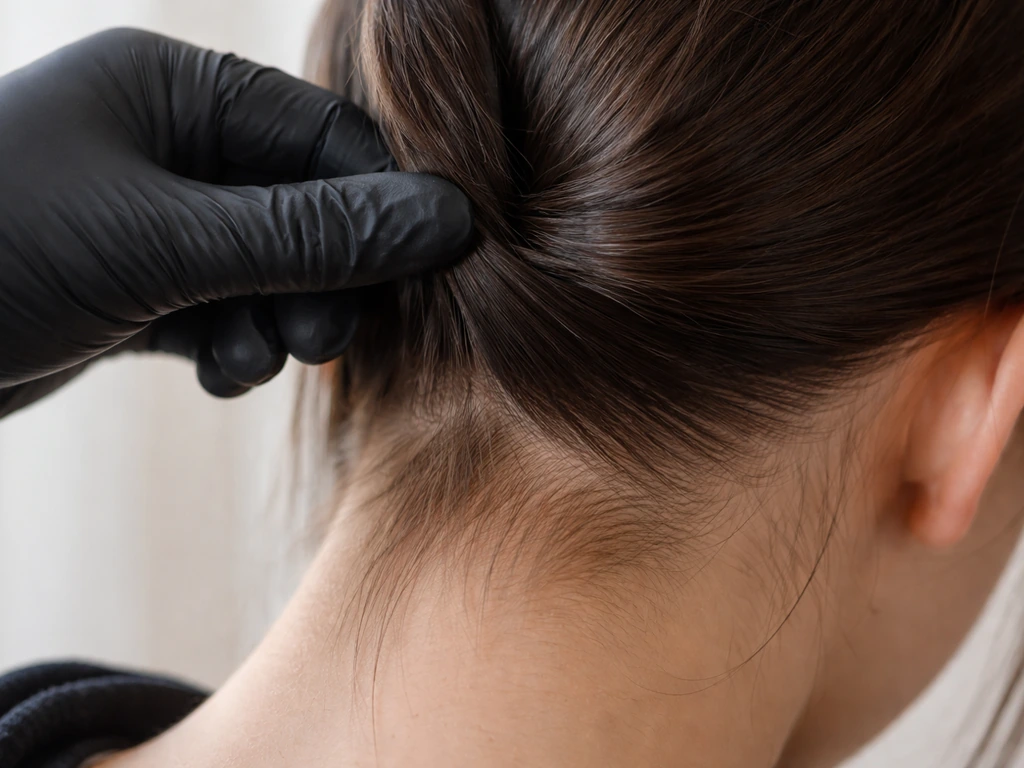 Close-up of hairline with visible parting and roots near the nape, showing traction from tension.