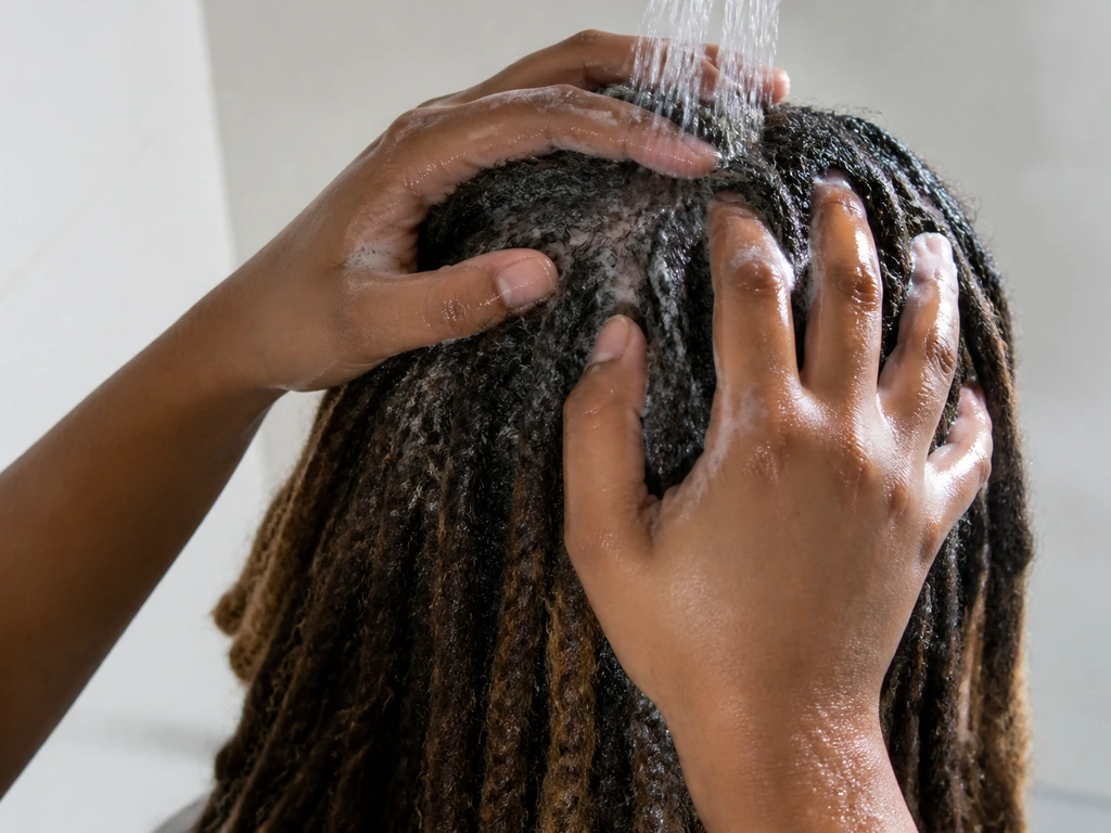 Hands gently shampooing and rinsing dread extensions under running water, focusing on the roots.