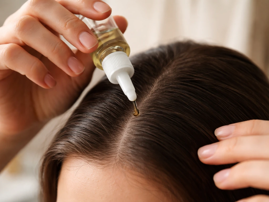 Hands use a nozzle applicator to place a small drop of scalp oil along the roots.