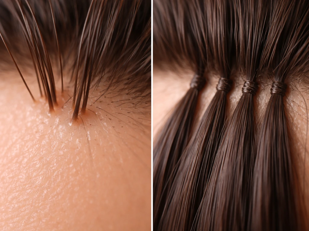 Split close-up of scalp with natural hair roots on one side and extension strands joined at the root on the other.