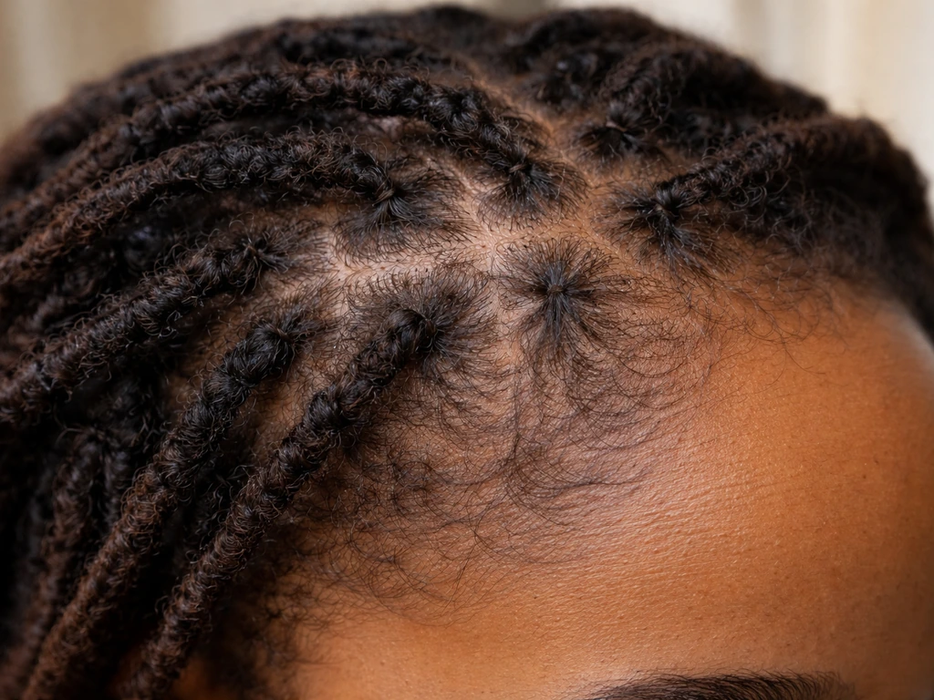 Close-up of natural hair showing root thinning, breakage near a join point, and frayed ends.