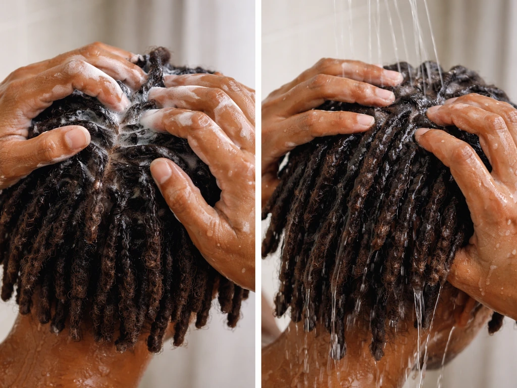 Hands gently applying diluted scalp cleanser foam to a locs scalp, then rinsing excess water