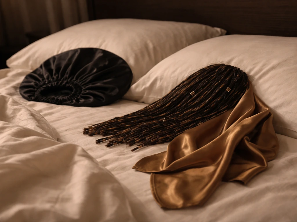 Satin bonnet and scarf set up on a bed, covering loc extensions to reduce friction at night.