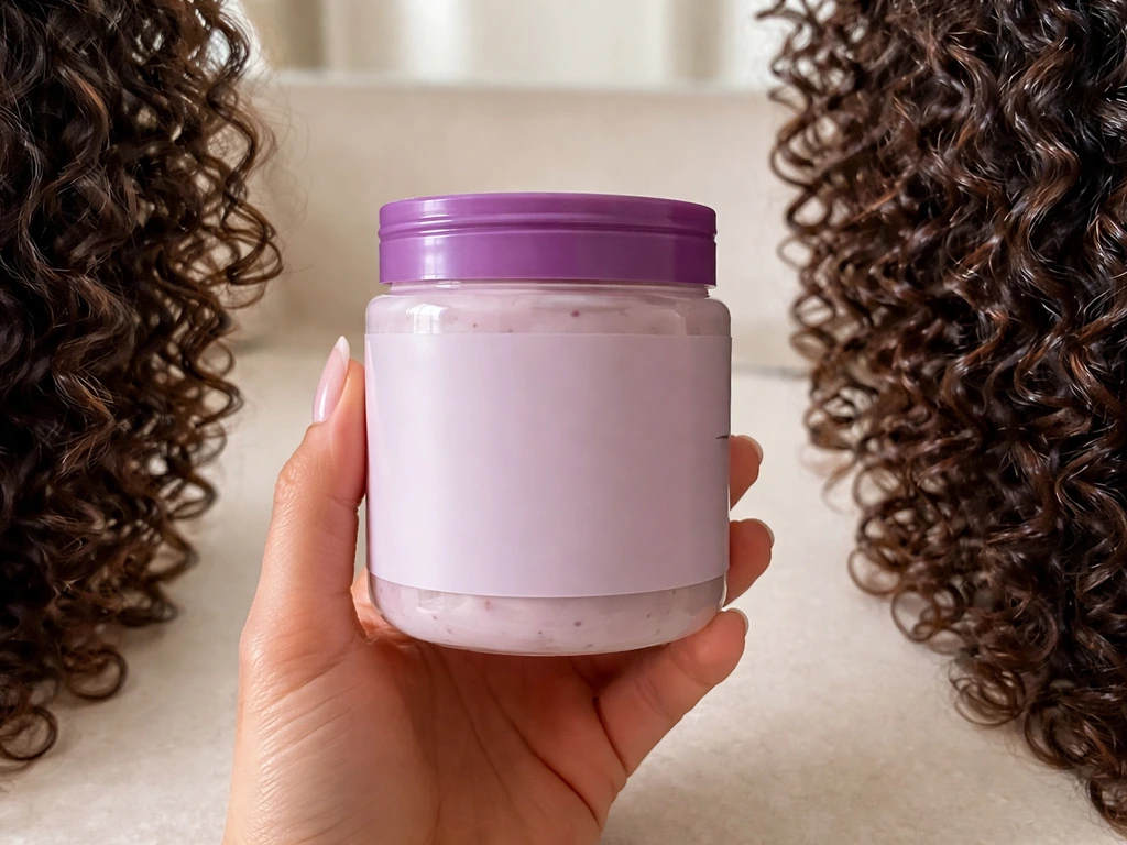 Curl La La defining curl custard bottle in front with defined shiny textured curls as the backdrop.