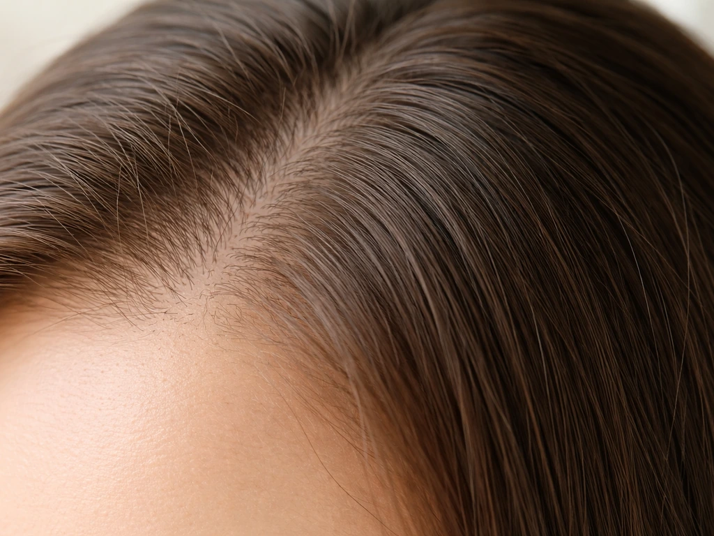 Close-up of scalp with two subtle zones: early fine hairs sprouting versus conditioned longer-looking strands.