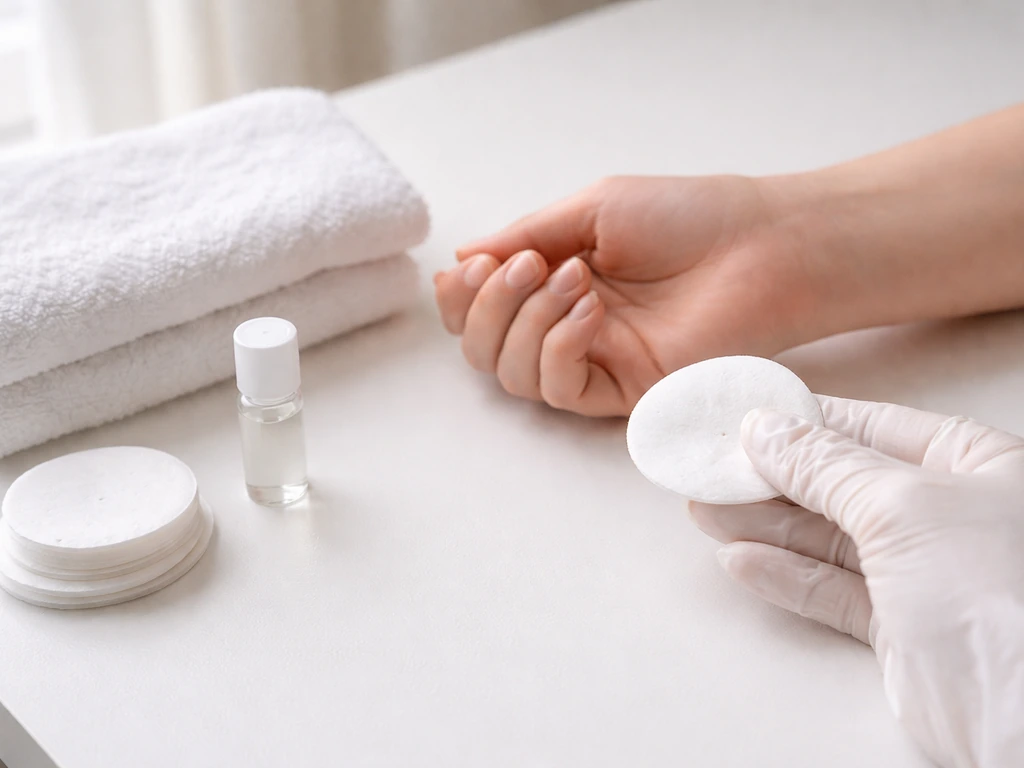 Close-up of gloved hands doing a patch test with skincare sample and cotton pad on clean counter
