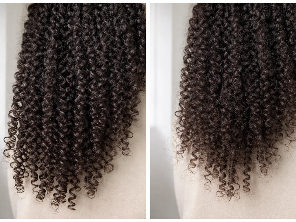 Split-screen photo showing one side detangled, defined coils and the other side less length from breakage
