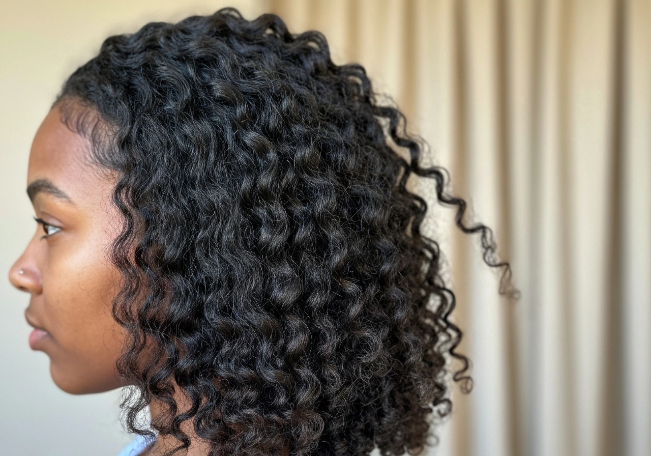 Close-up of defined, moisture-shiny coily hair showcasing coil pattern and visible length.