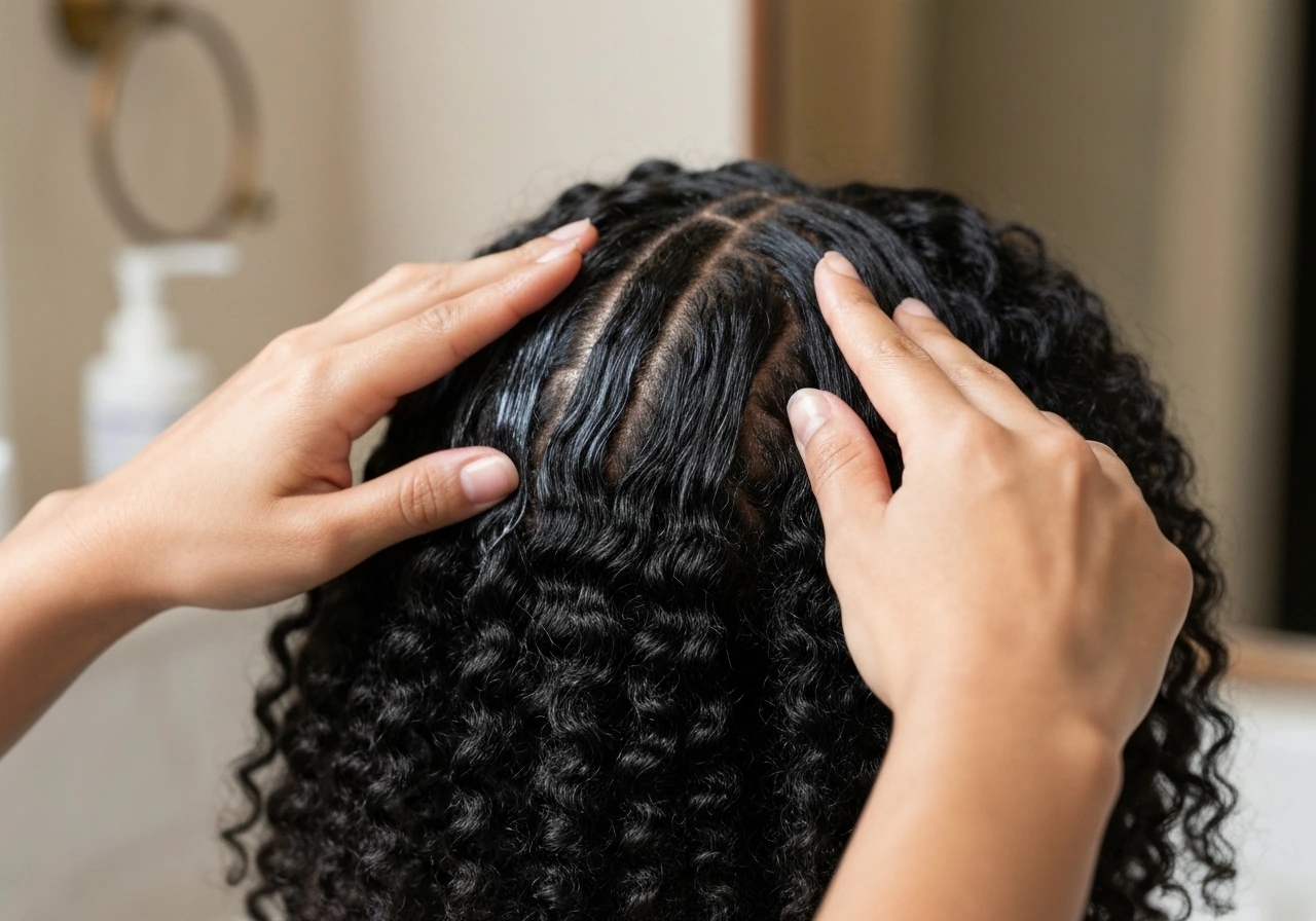 Close-up of hands applying leave-in, oil/cream, and cream-gel to coily hair coils for moisture routine