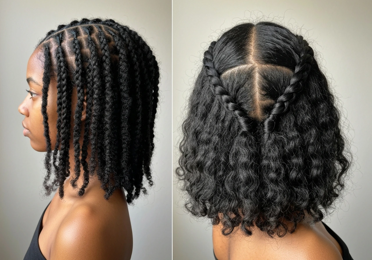 Two close-up sections of hair showing a loose low-tension braid vs a tight style pulling at the roots.