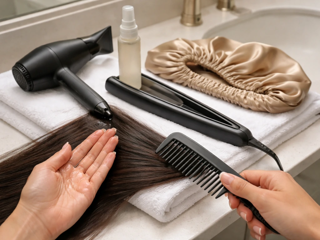 Hands applying heat protectant with a low-heat styling tool and hair wrap laid out on a clean vanity.