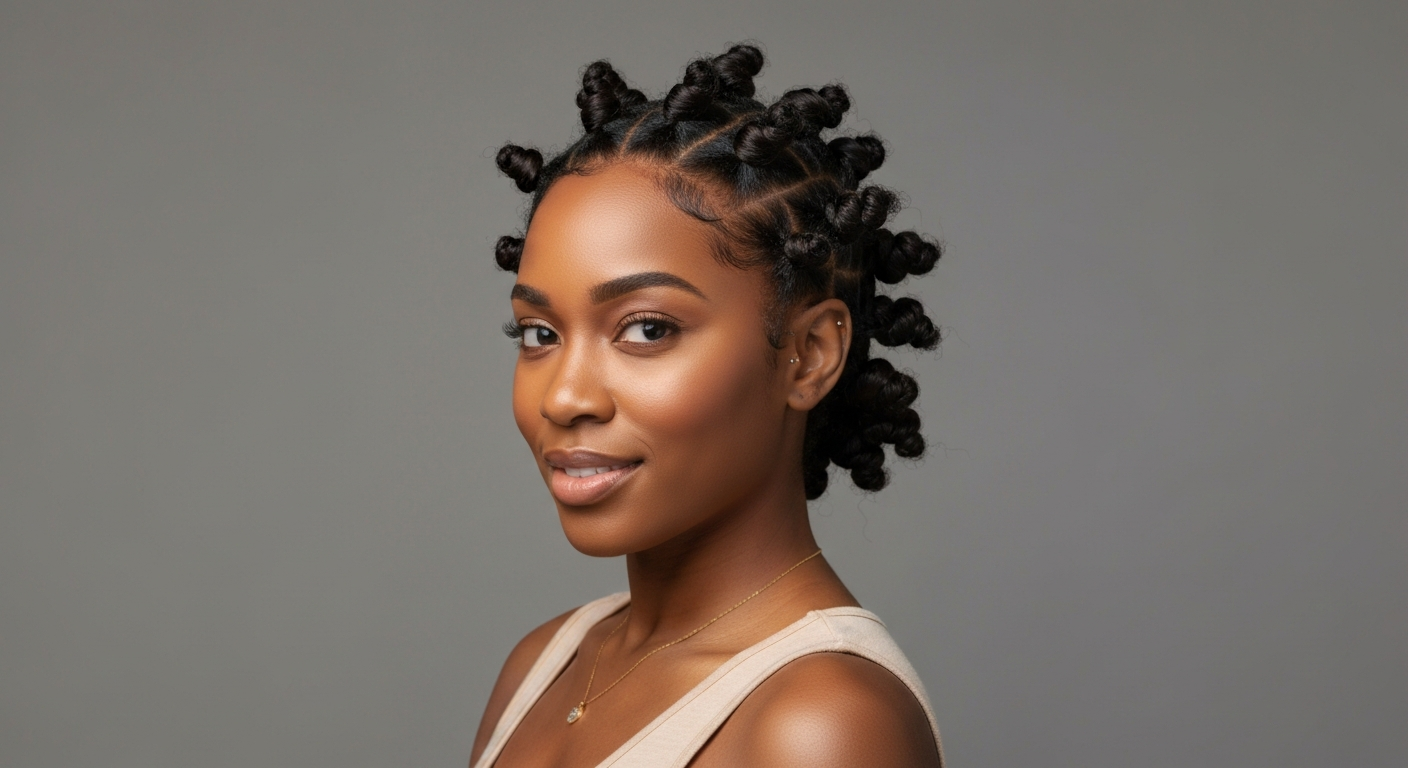 Portrait of a person with small-to-medium Bantu knots showing neat coils close to the scalp and tucked ends.
