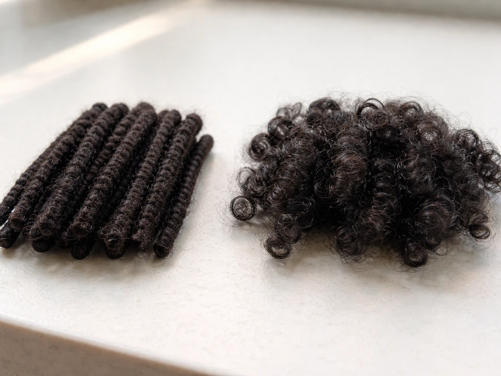 Side-by-side hair samples showing dreadlocks retaining length versus loose coiled hair shrinking.