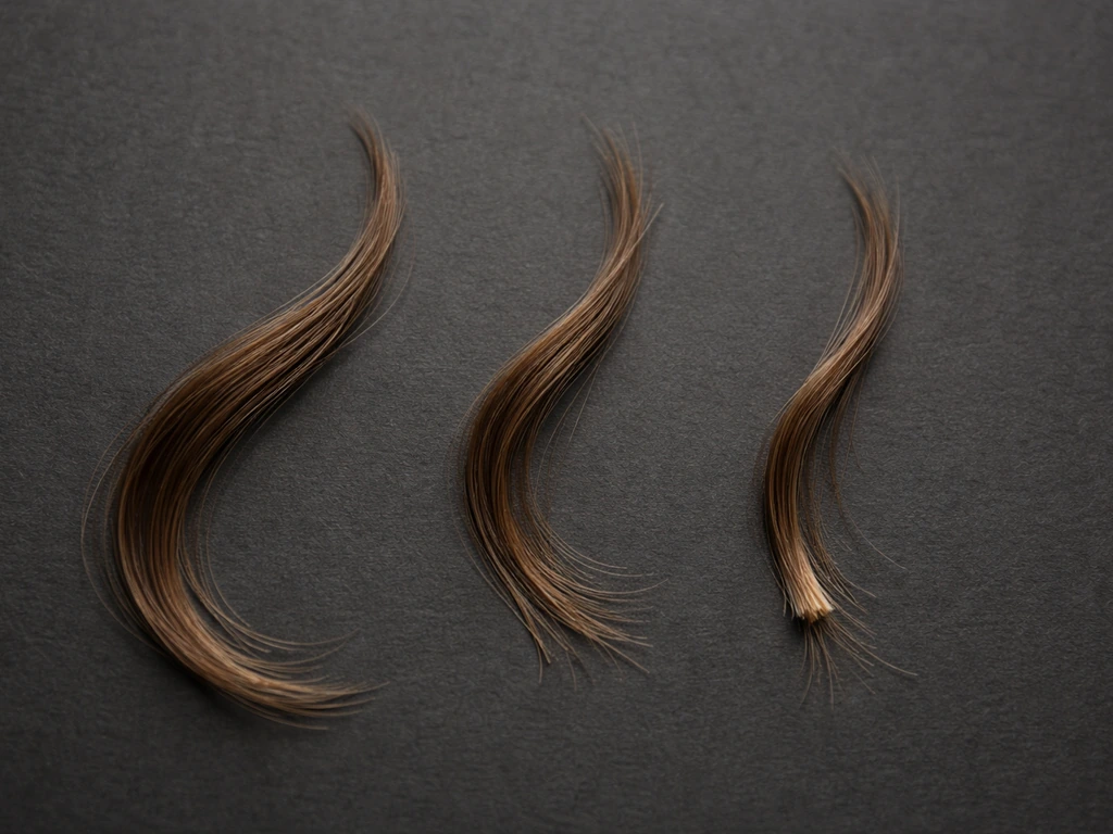Close-up of hair strands on a simple dark background, showing three subtle growth-phase states side by side.