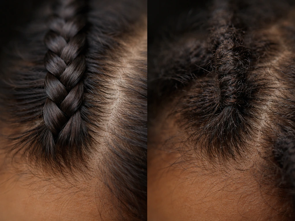 Close-up of braided and locked hair sections side-by-side with roots and cuticle texture visible.