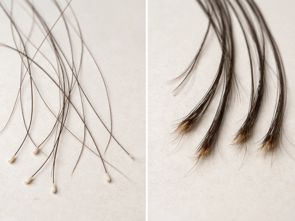 Close-up of hair strands showing white-root shedding vs snapped mid-shaft breakage on a clean surface
