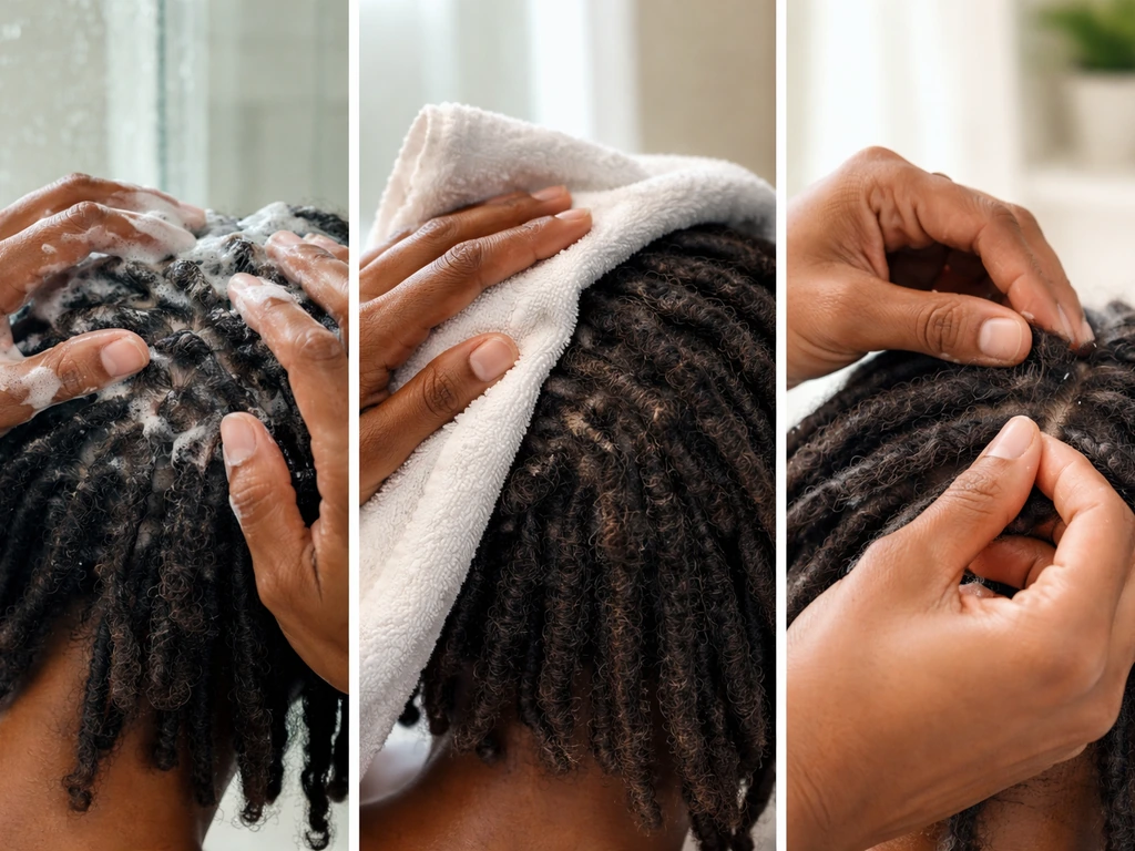 Hands wash and rinse dreadlocks with clarifying shampoo, then gently dry and retwist the roots only.