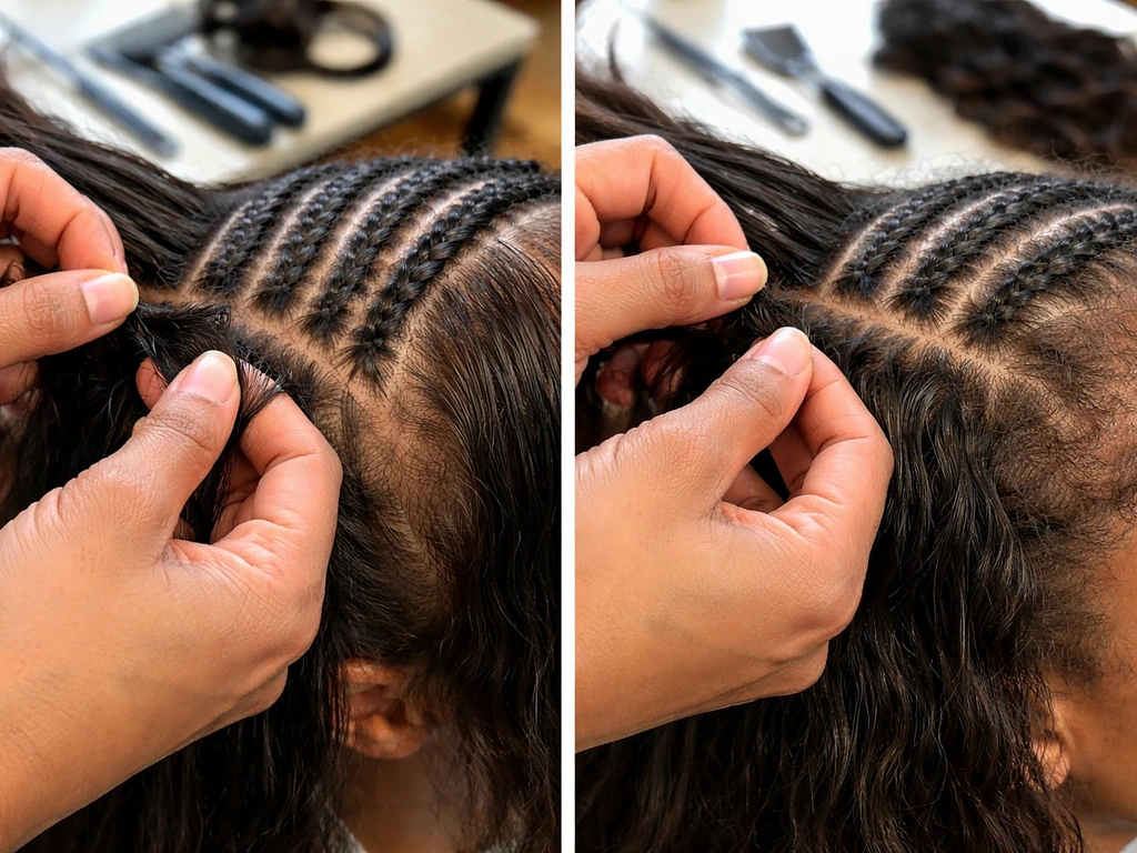 Close-up of braided cornrow bases showing tight versus low-tension weave installation with hairstylist hands.