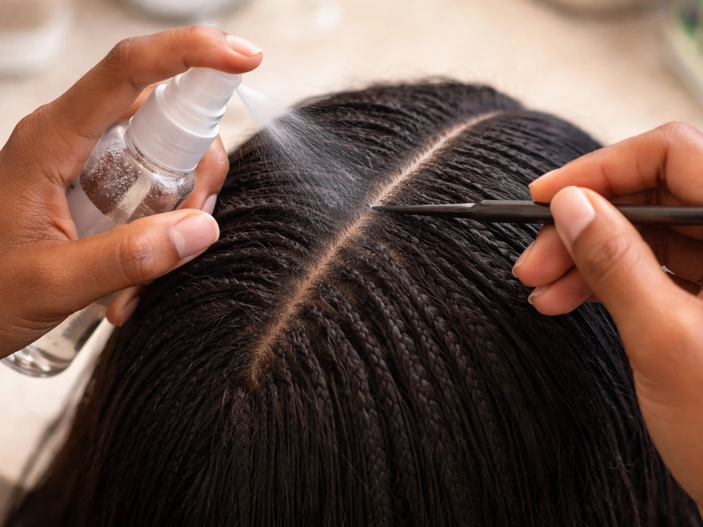 Person applying water-based leave-in through weave part lines with a spray bottle and applicator nozzle.
