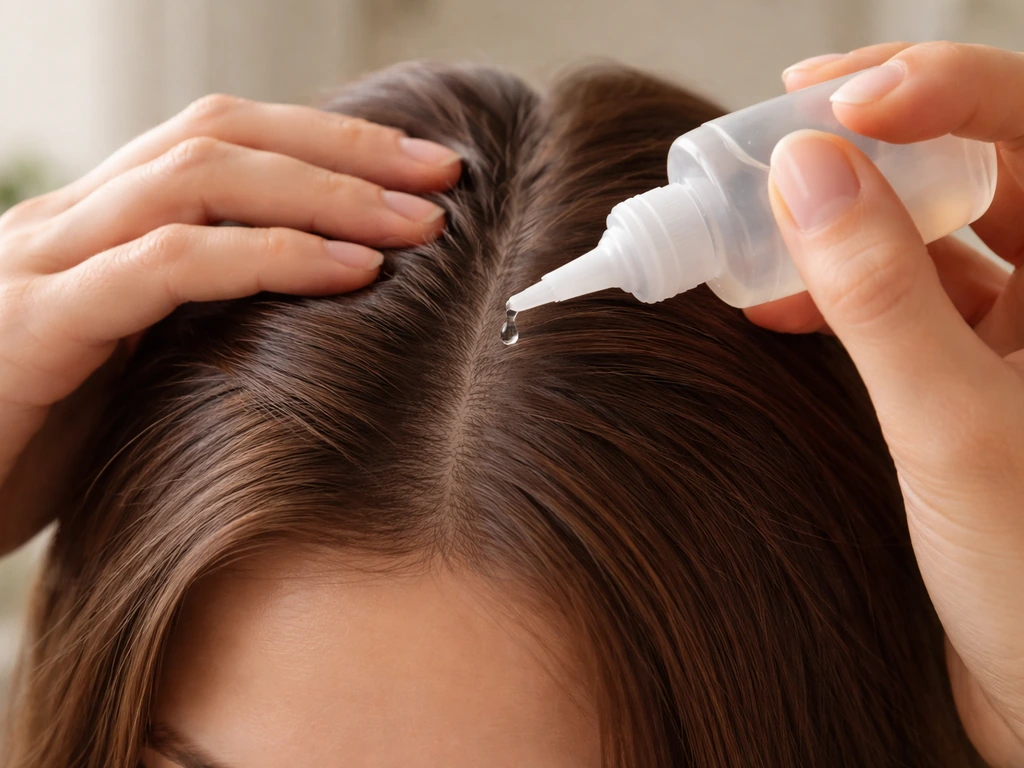 Hands apply diluted scalp treatment from an applicator bottle onto scalp part lines near a weave area.
