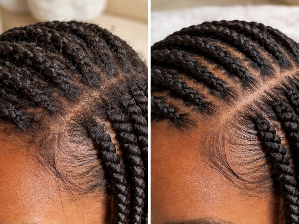 Close-up of two braided sections side-by-side: one over-tight with matting and stress, one neatly maintained and loose.