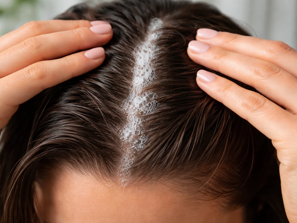 Close-up of hands parting hair and applying foaming scalp cleanser along the hairline
