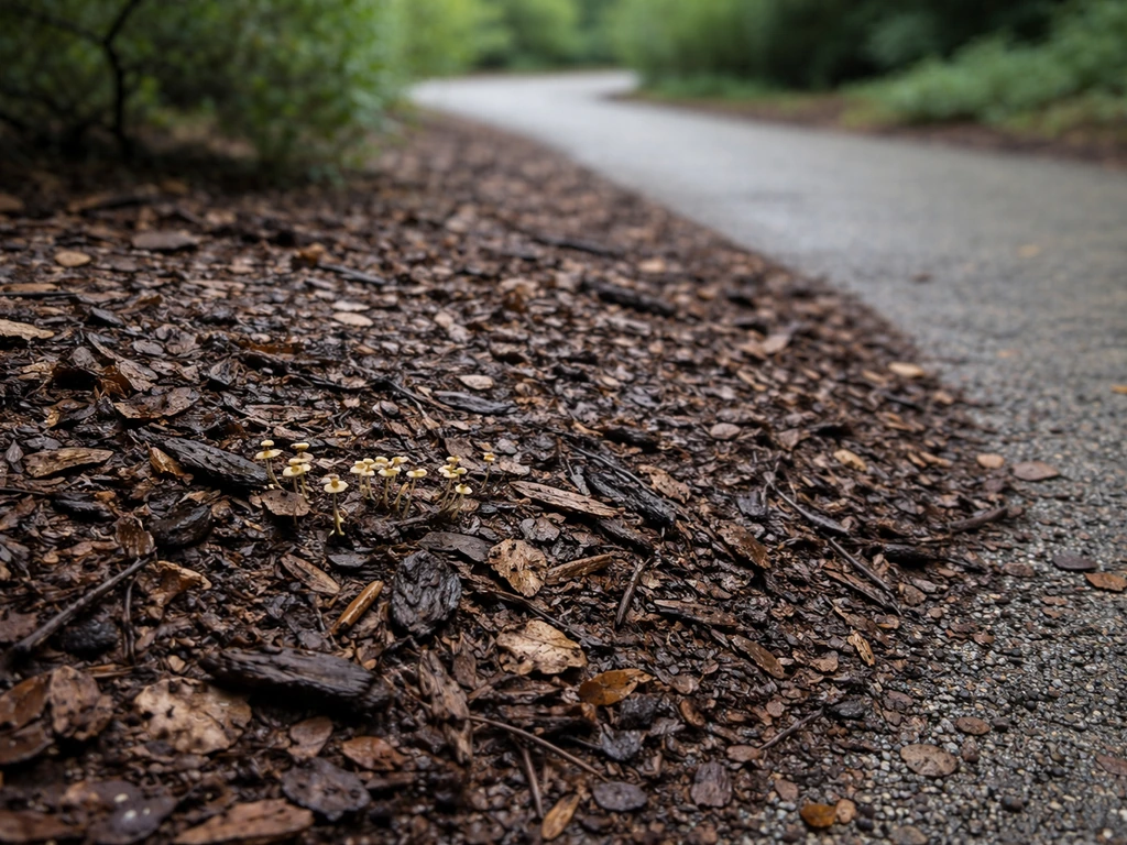 Mulched park bed with lignin-rich wood chips and damp leaf litter along a path edge