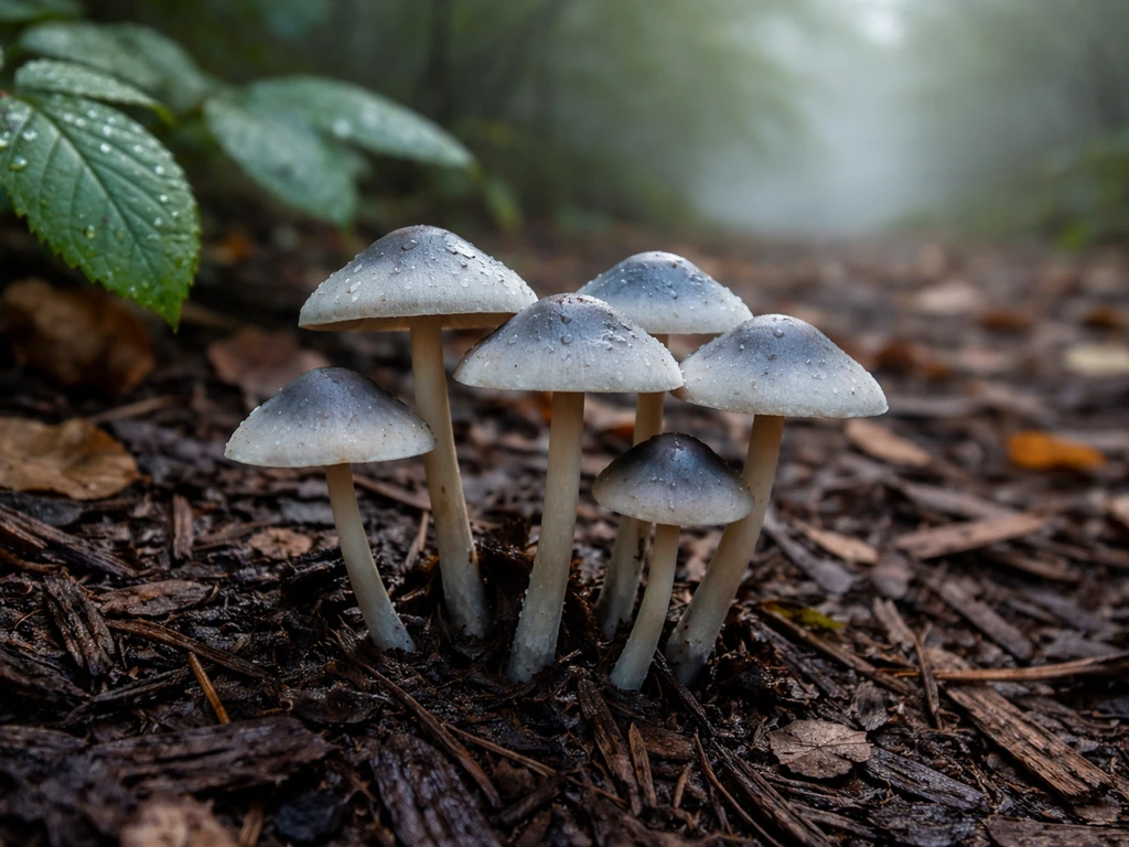 Wavy cap mushrooms fruiting on damp wood chips with cool autumn leaves and morning condensation.