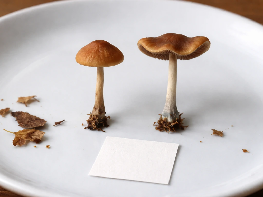 Side-by-side close-up of two small brown mushrooms on a plate, with a plain paper spore-print context nearby.