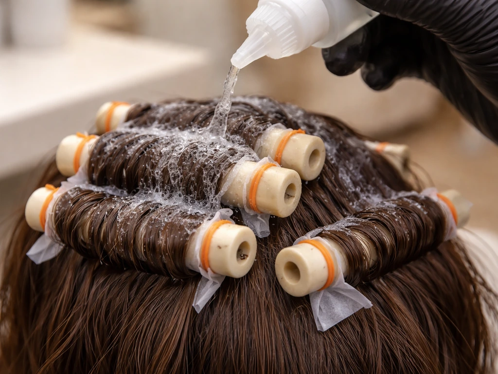 Close-up of curl rods on hair with perm solution applied, showing treatment on existing hair lengths.