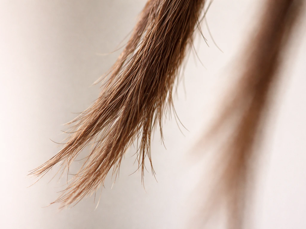 Macro close-up of a single hair strand with frizz and frayed ends showing dryness and cuticle damage.